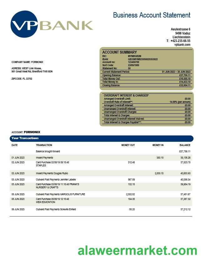 VP Bank firm account statement Word and PDF template